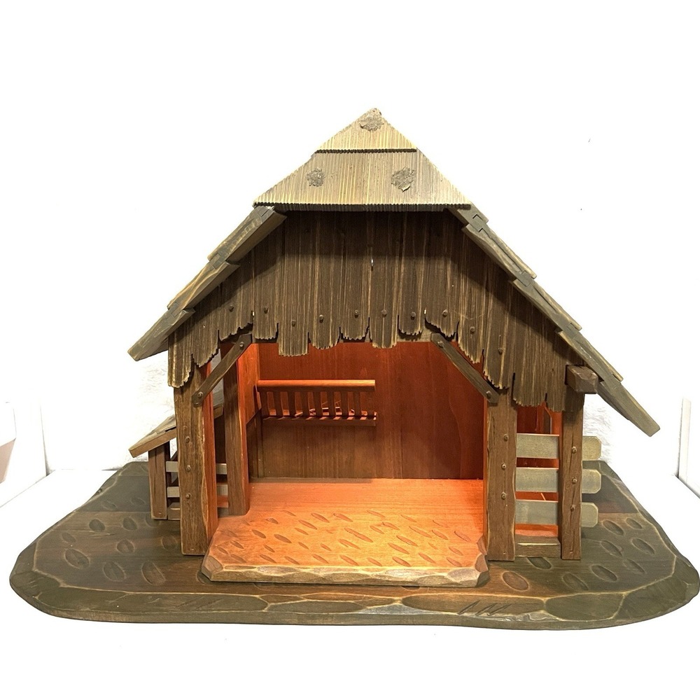 Vintage ANRI Wood Creche Manger Stable Nativity Italy w/ Reuge Music Box + Light